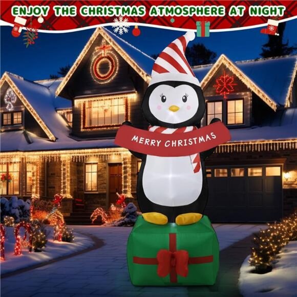 6FT Christmas Penguin Inflatables Decoration with LED Lights, Blow Up Decoration - Picture 3 of 6